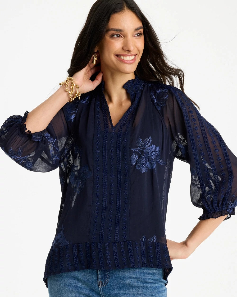 Passport Blue Embellished Splitneck Blouse