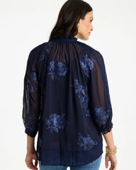 Passport Blue Embellished Splitneck Blouse