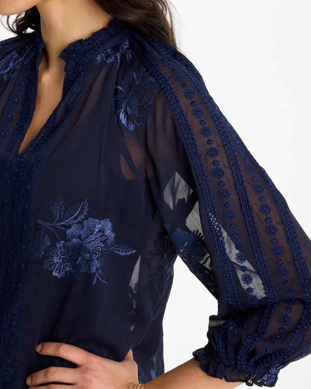 Passport Blue Embellished Splitneck Blouse