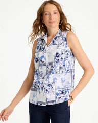 Amparo Blue Cotton-Blend Classic Printed Sleeveless Shirt