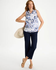 Amparo Blue Cotton-Blend Classic Printed Sleeveless Shirt