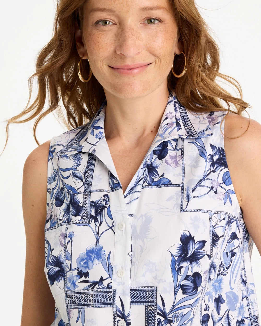 Amparo Blue Cotton-Blend Classic Printed Sleeveless Shirt