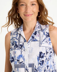Amparo Blue Cotton-Blend Classic Printed Sleeveless Shirt