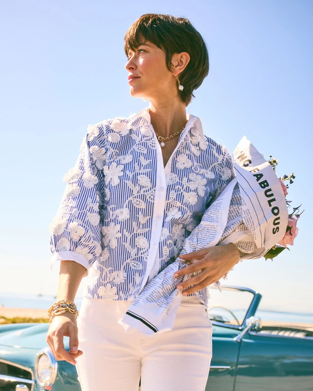 Alabaster Cotton 3D Embroidered Striped Shirt