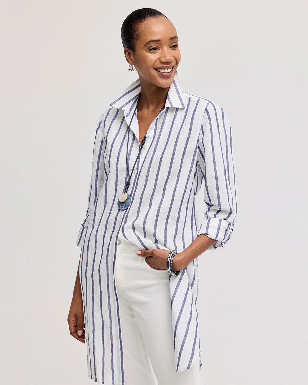 Alabaster Linen Metallic Striped Duster Shirt