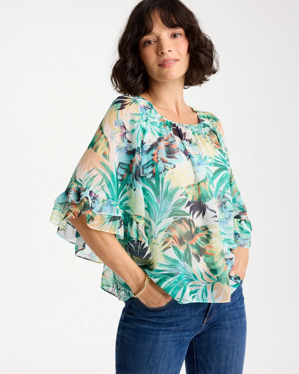 Topanga Green Printed Georgette Swing Blouse