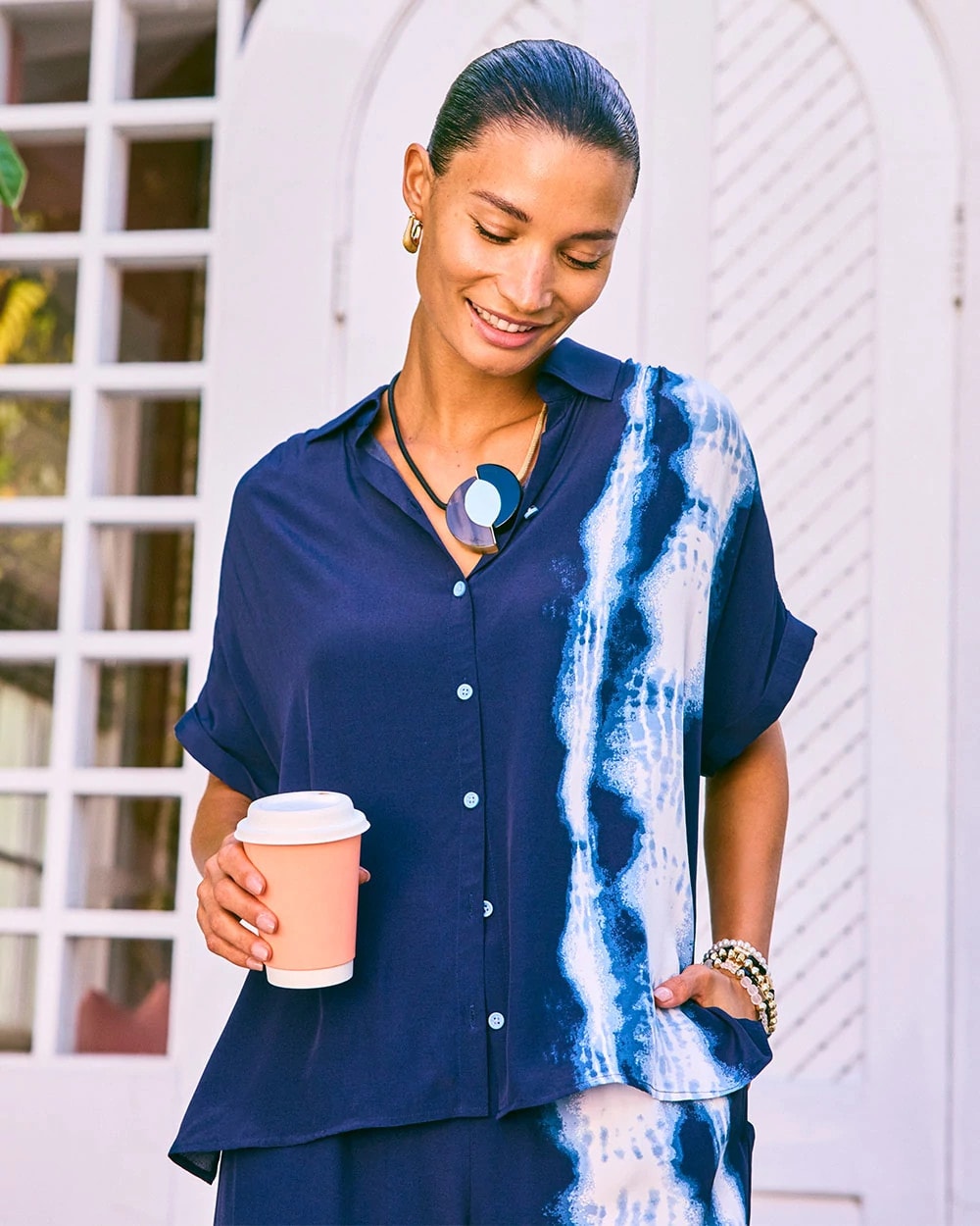 Passport Blue Faux Silk Henley Colorblock Top