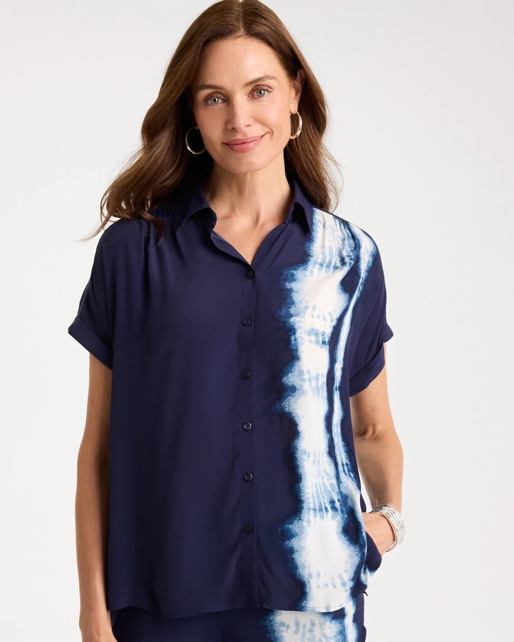Passport Blue Faux Silk Henley Colorblock Top