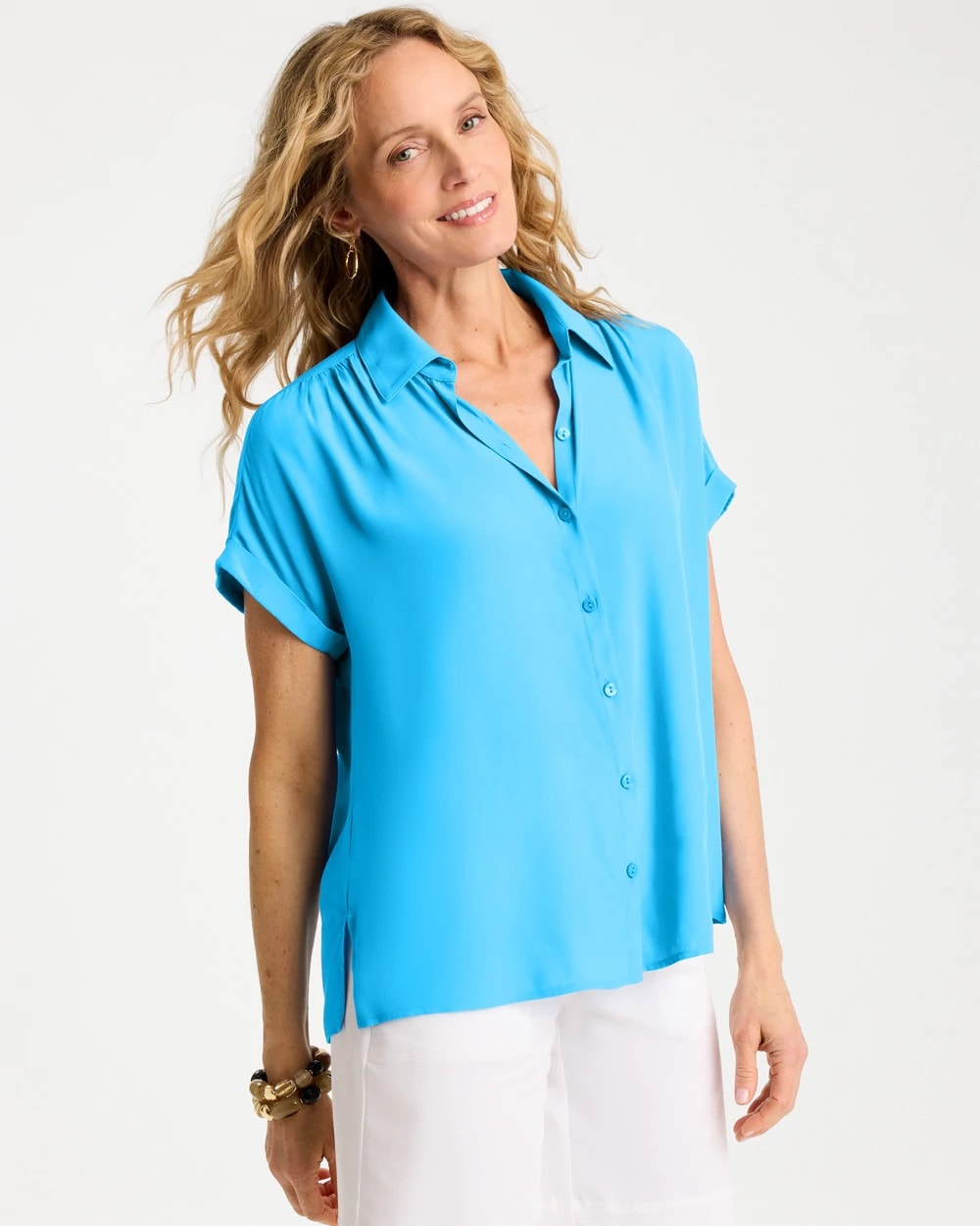 Blue Tide Faux Silk Henley Top
