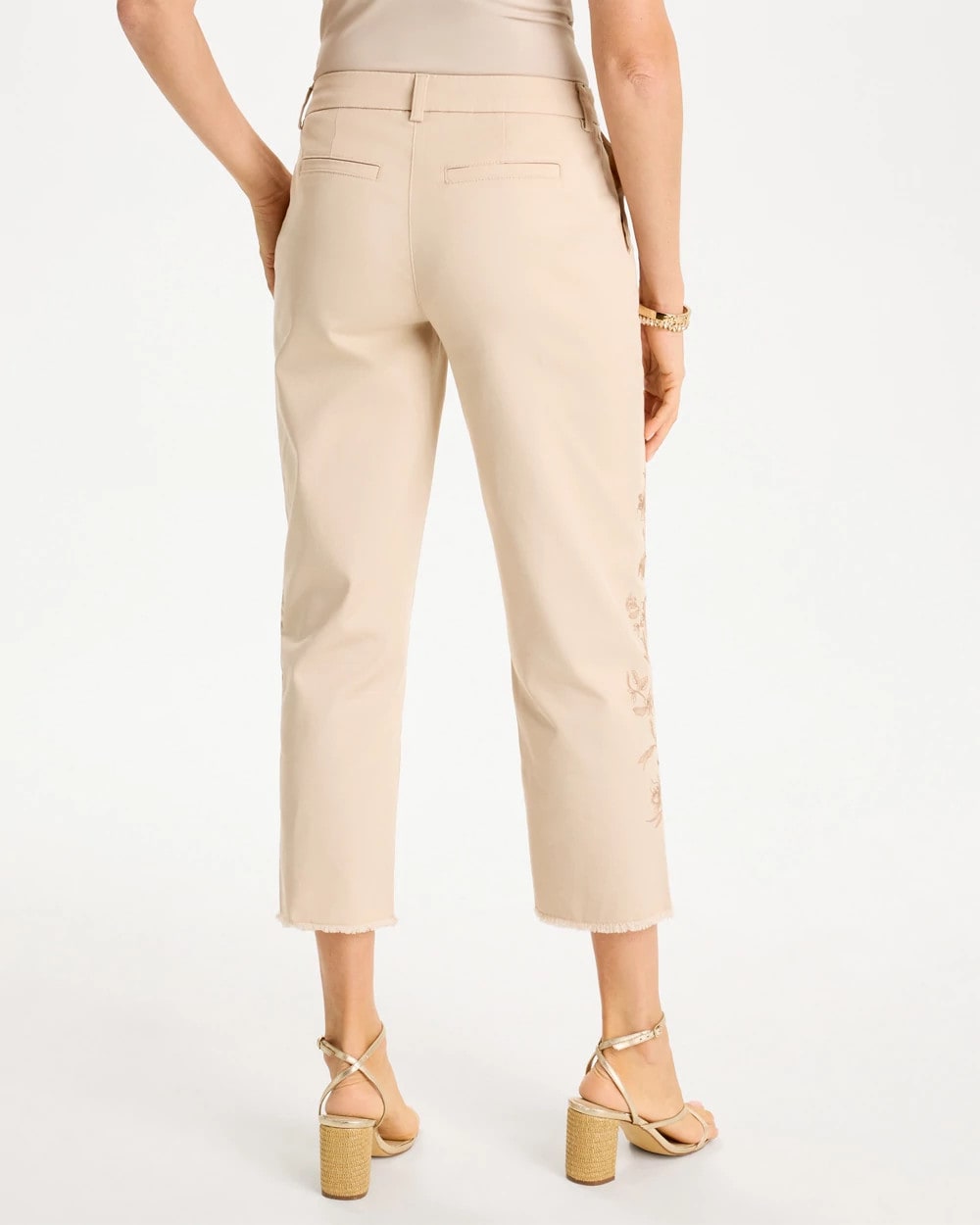 Pale Sand Relaxed Embroidered Fray Crop Pant