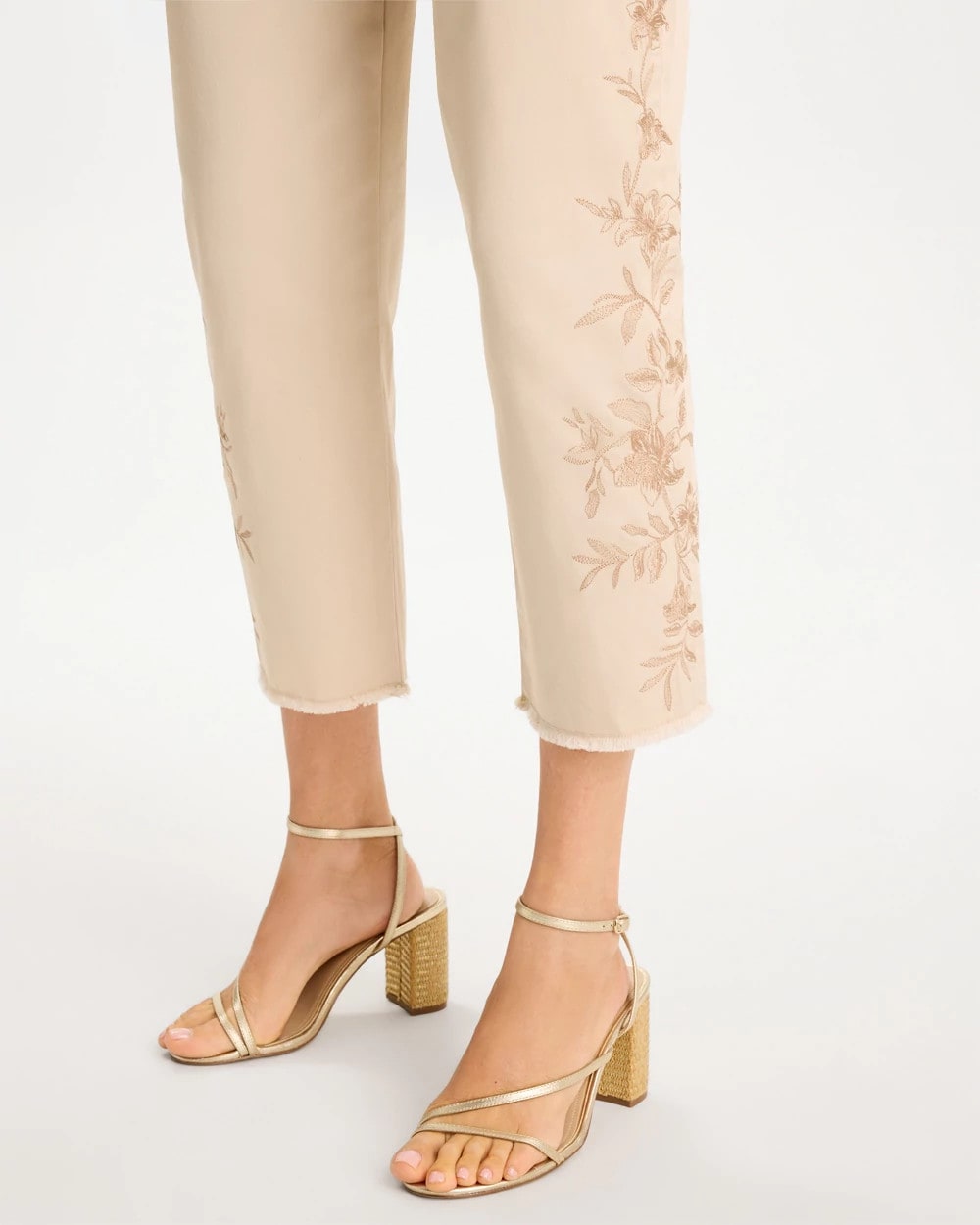 Pale Sand Relaxed Embroidered Fray Crop Pant