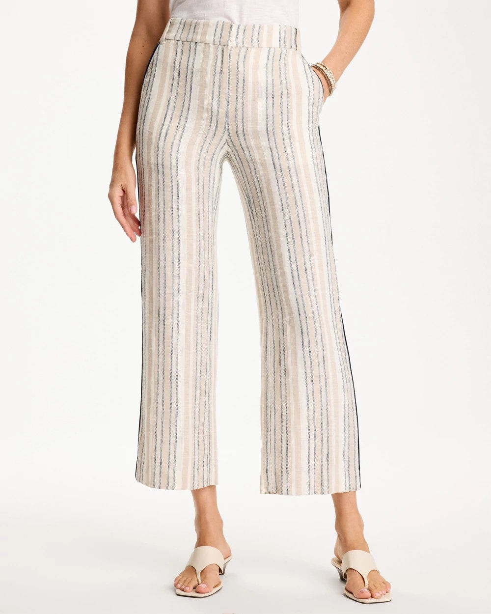 Neutral Striped Piped Linen Fly Front Pants