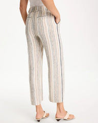 Neutral Striped Piped Linen Fly Front Pants