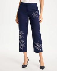 Passport Blue Embroidered Linen Fly Front Pants