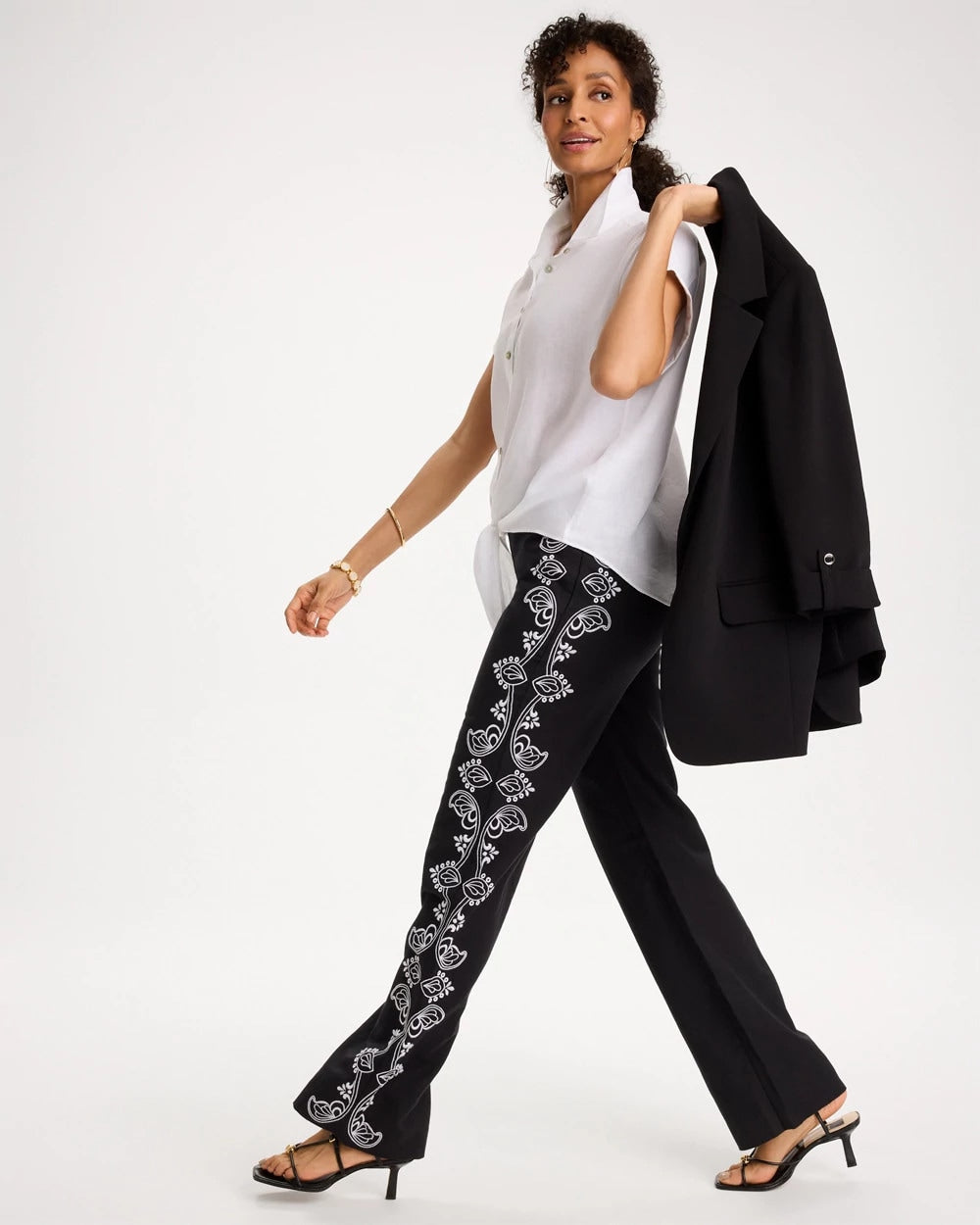 Black Embroidered Pull-On Wide-Leg Linen Pants