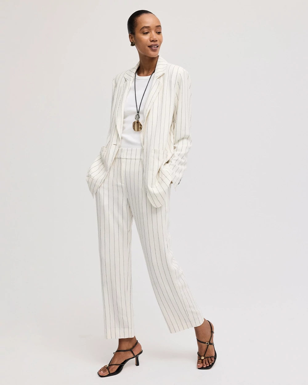 Ecru Striped Linen Wide-Leg Ankle Pants