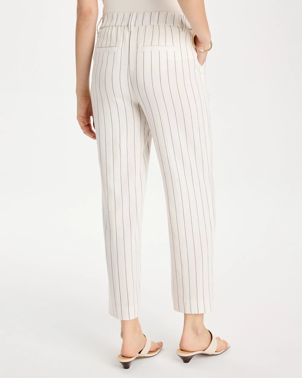 Ecru Striped Linen Wide-Leg Ankle Pants