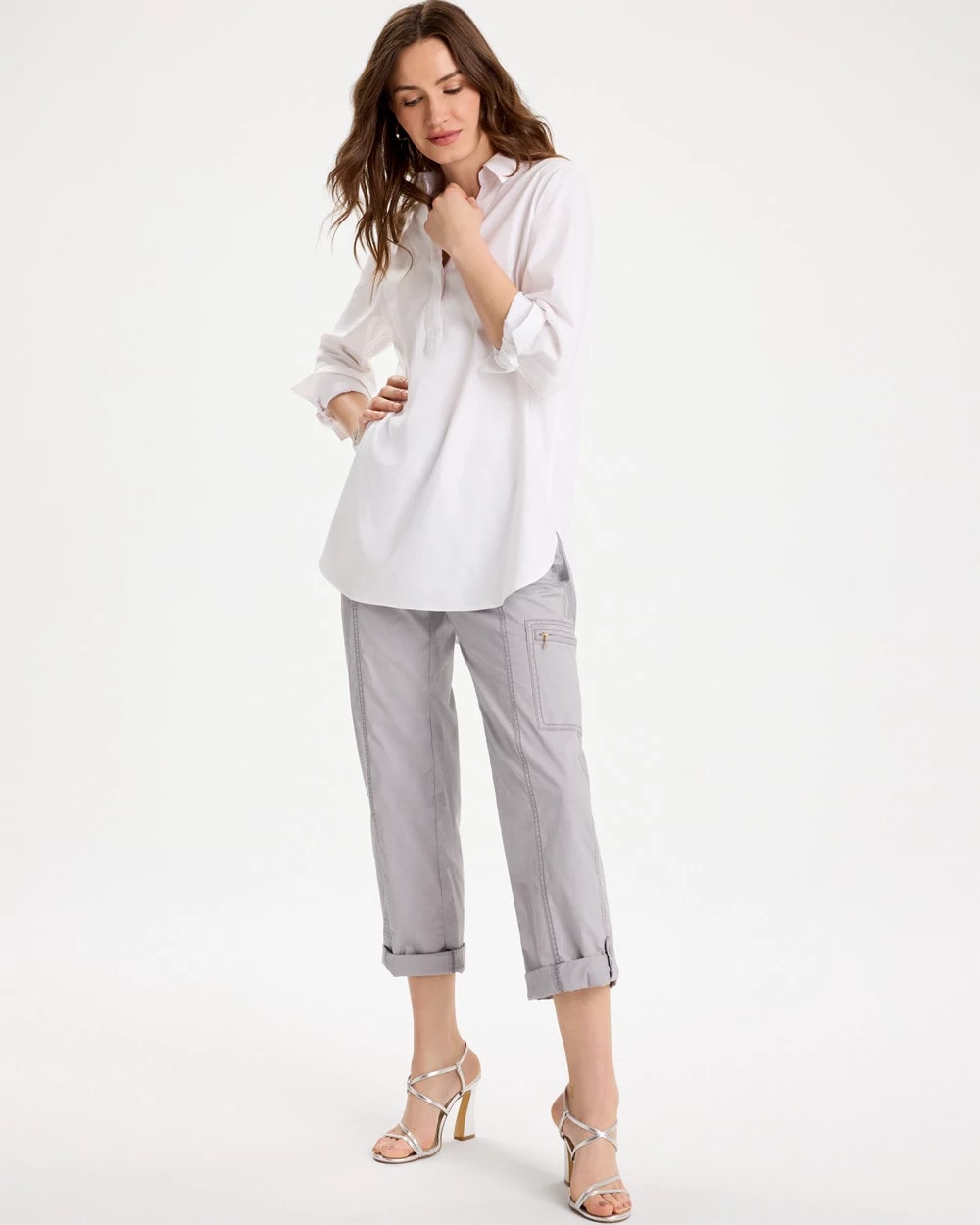 Titanium Poplin Cropped Roll Tab Pants
