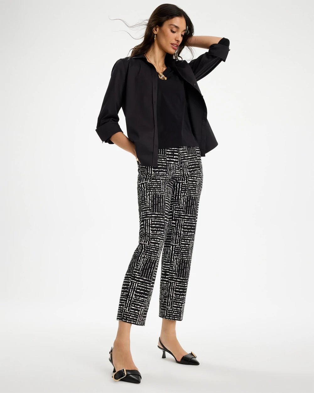 Black Emme Fly Front Straight Printed Crop Pants