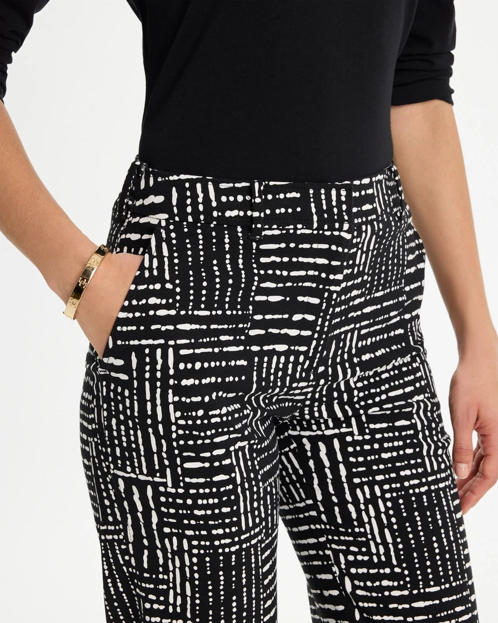 Black Emme Fly Front Straight Printed Crop Pants