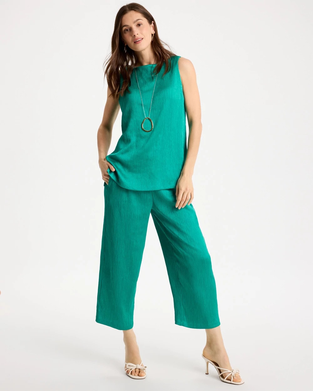 Topanga Green Petite Travelers™ Crinkle Textured Crop Pants