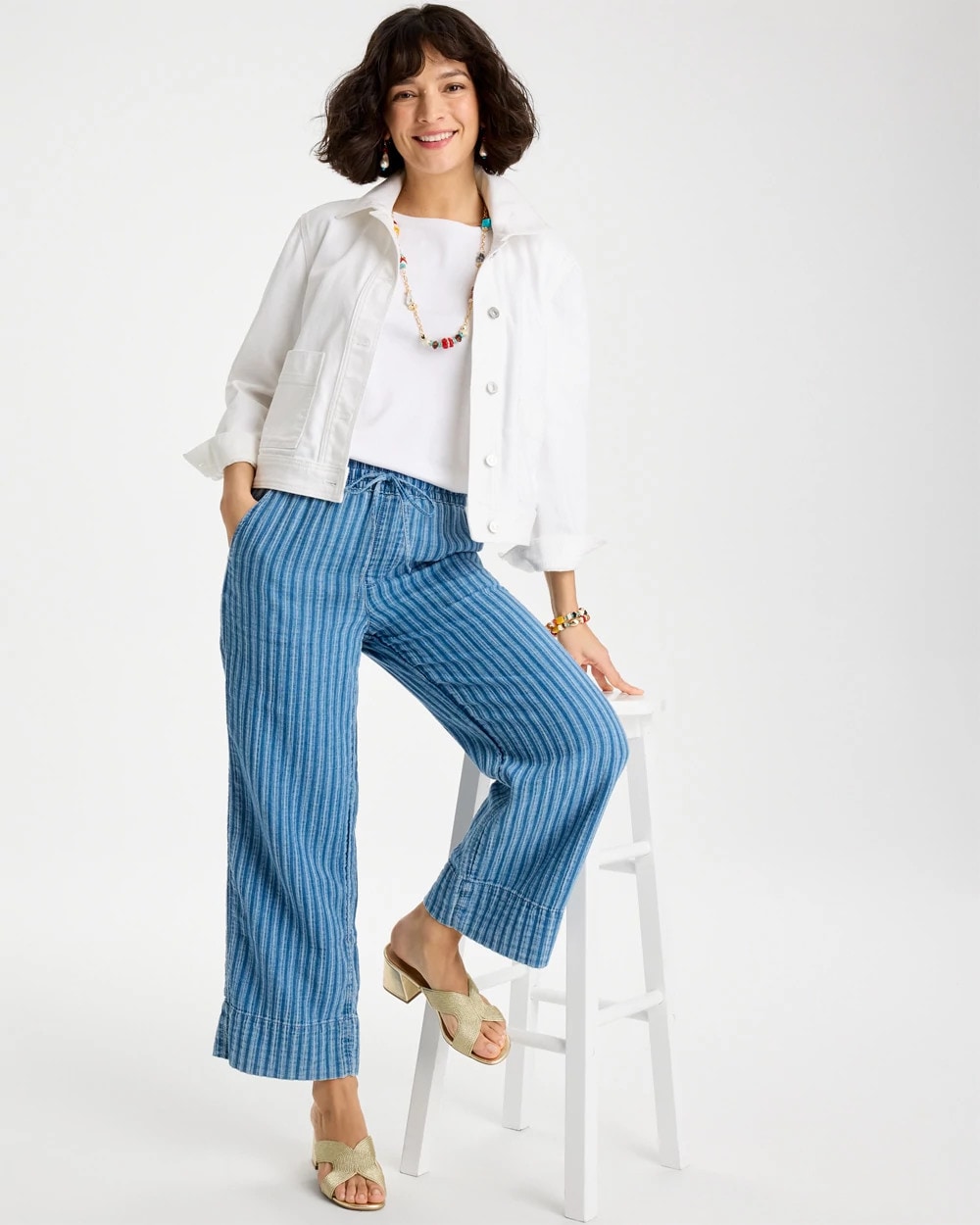 Blue Stripe Gauze Striped Wide Crop Jean