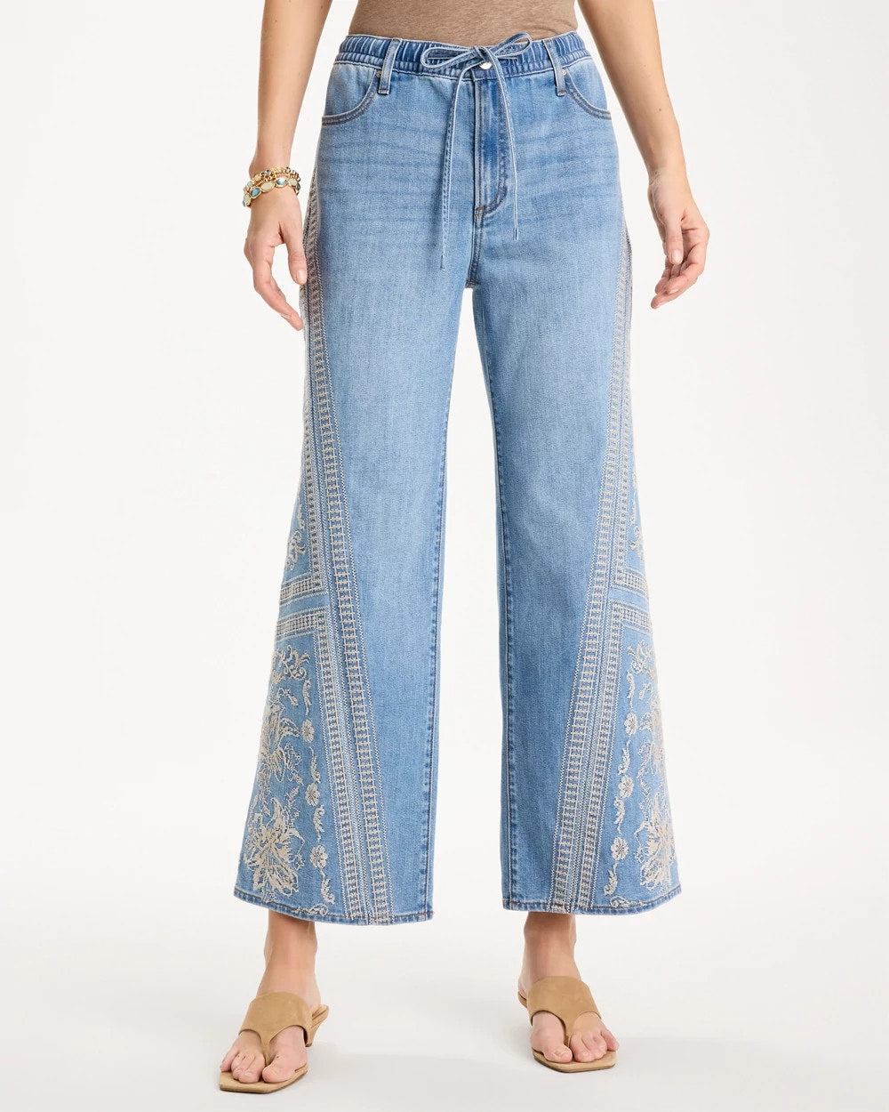 Indigo Floral Geo Wide-Leg Drawstring Jeans