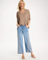 Indigo Floral Geo Wide-Leg Drawstring Jeans