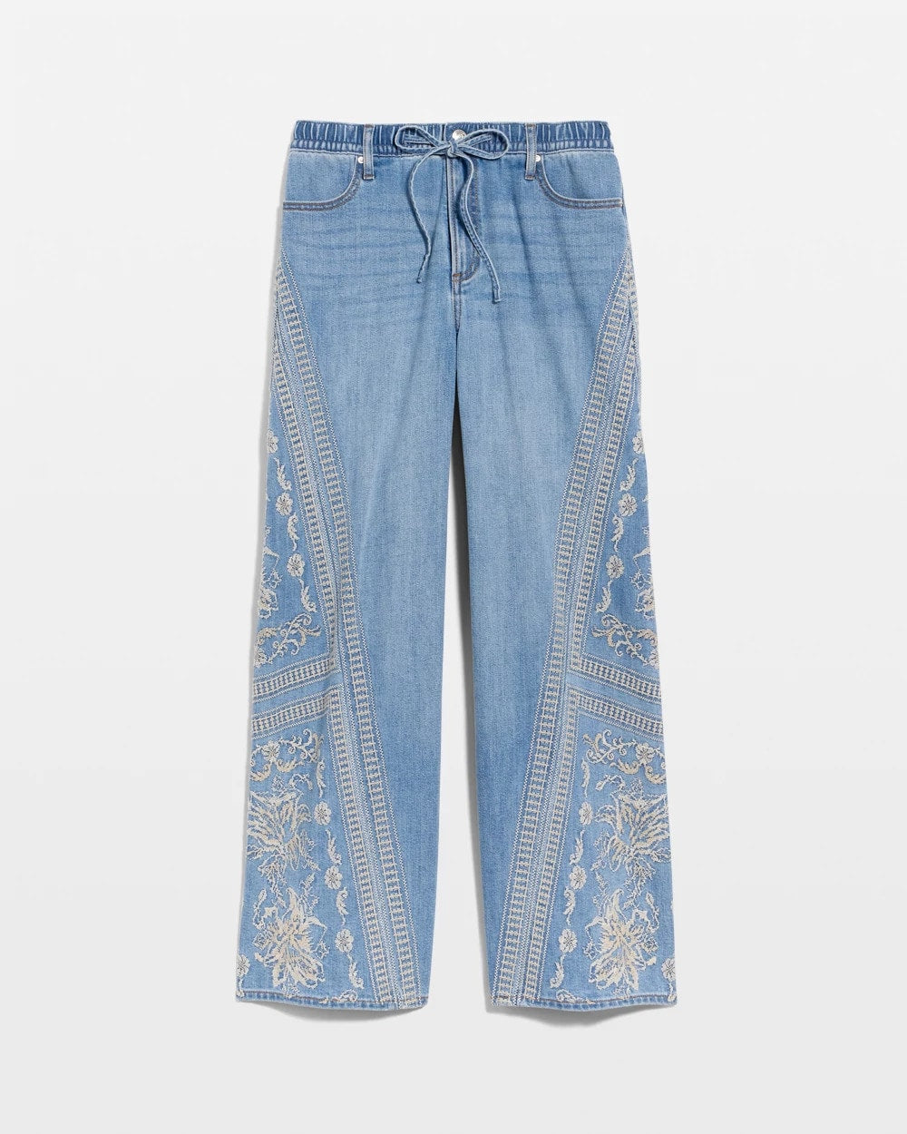 Indigo Floral Geo Wide-Leg Drawstring Jeans