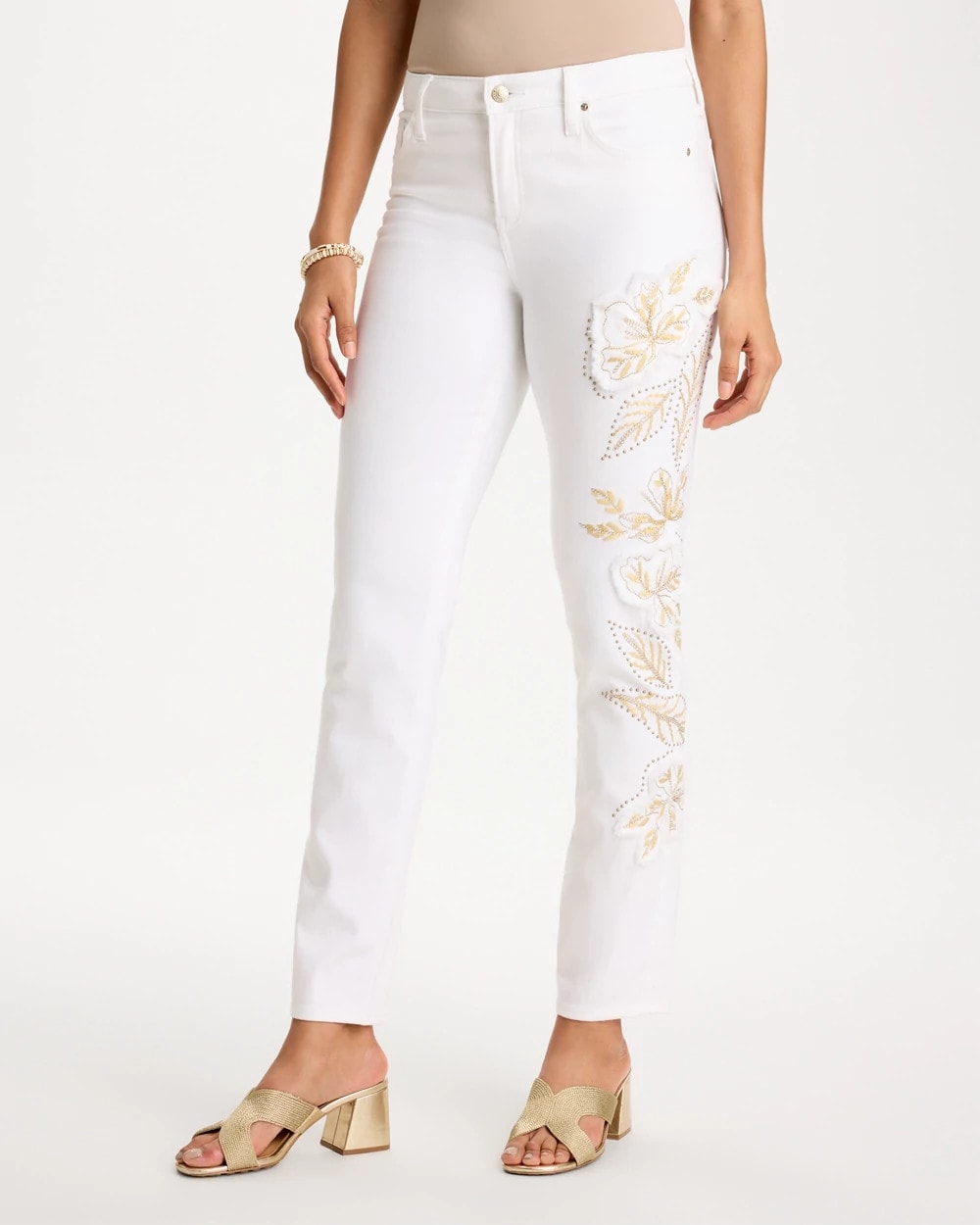 Alabaster No Stain Girlfriend Floral Embellished Slim Ankle Jeans