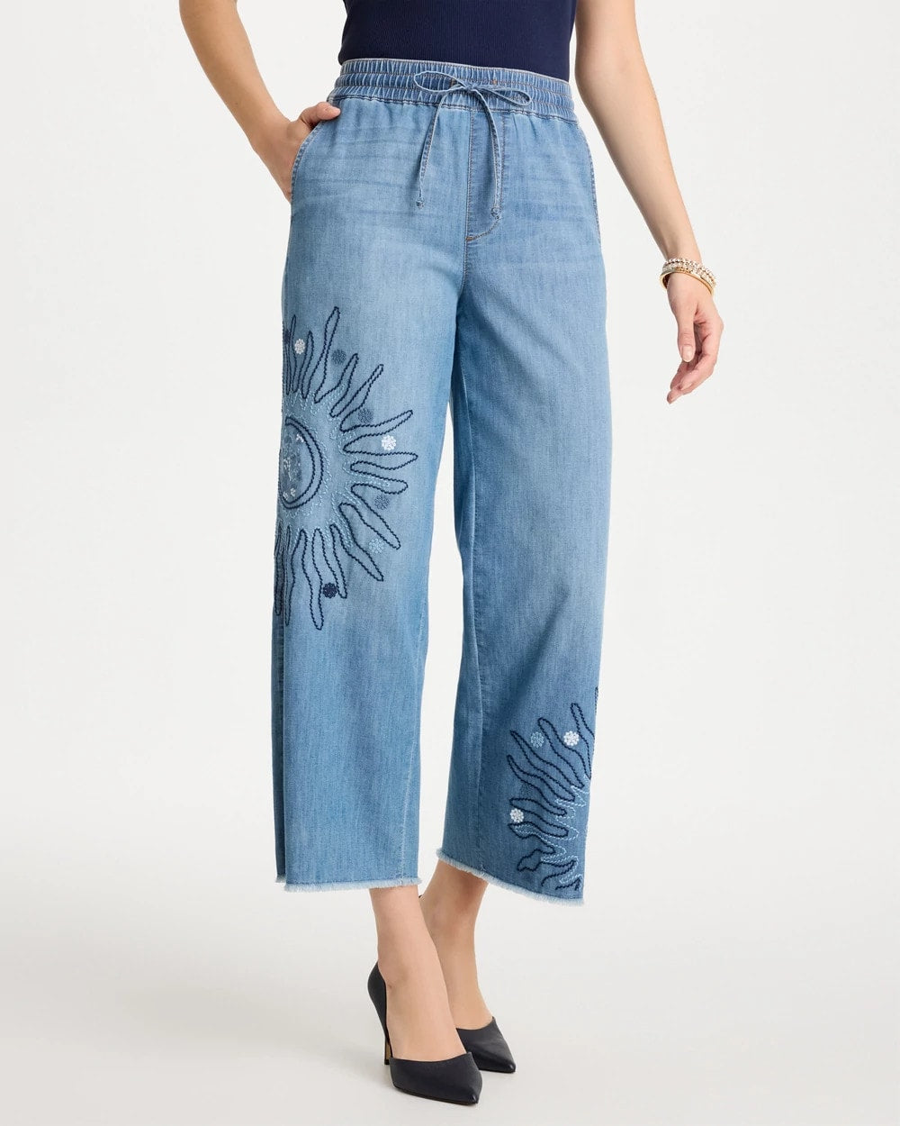 Caressa Indigo Embellished Ultra Lightweight Crop Jeans