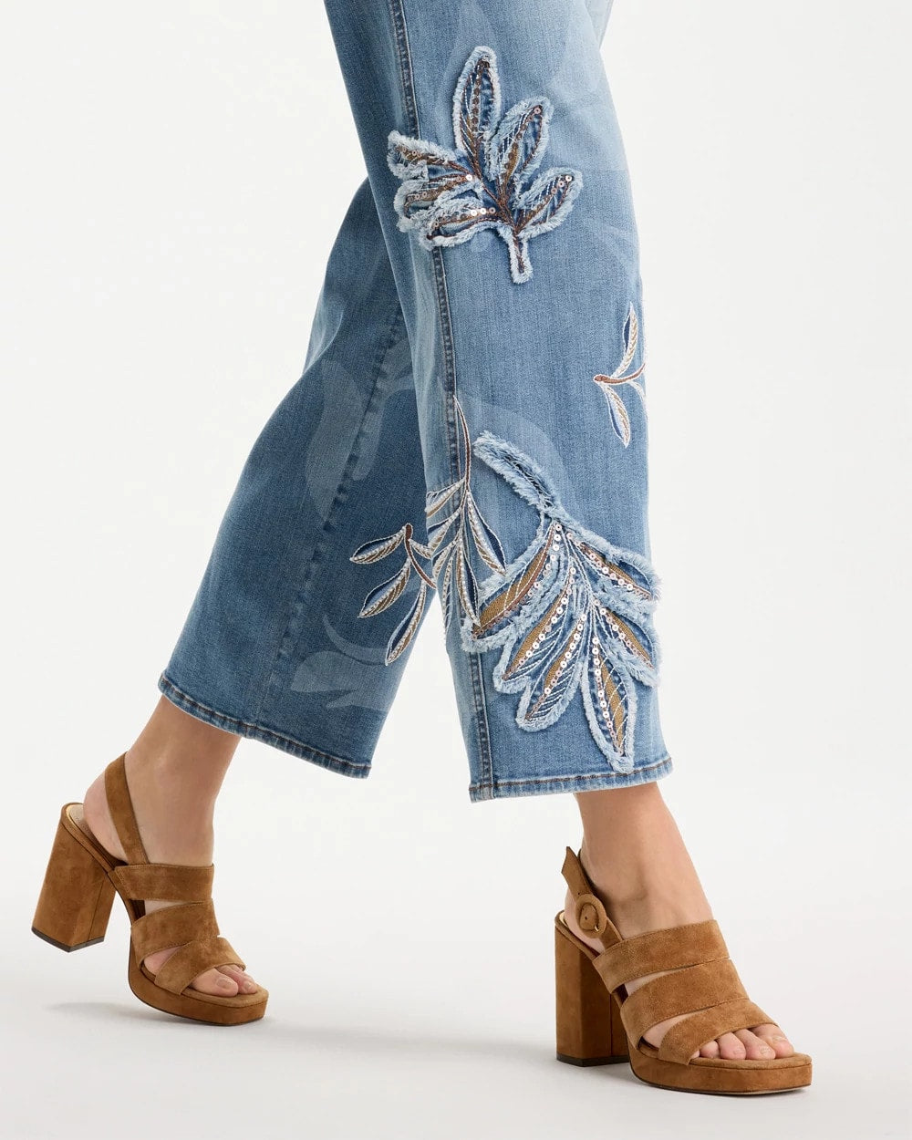 Pashmina Indigo Tropical Embroidery Pull-On Wide Crop Jean