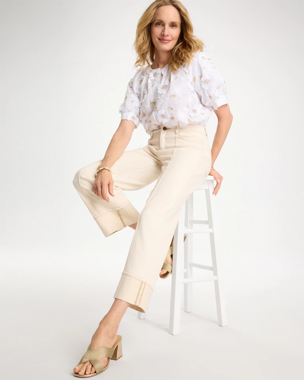 Neutral Pintuck Cuffed Cropped Jeans