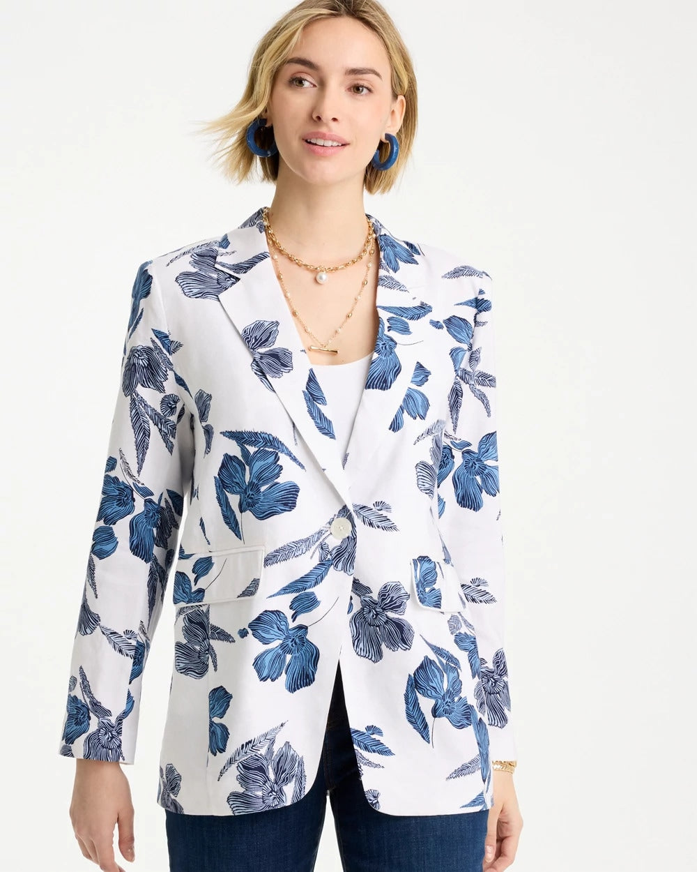 Alabaster Linen Printed Piped Boyfriend Blazer