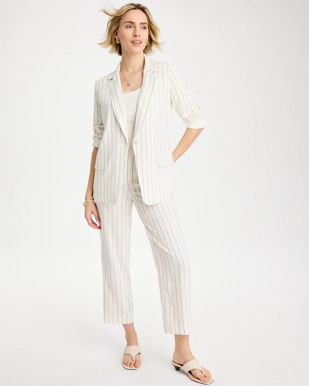 Ecru Linen-Blend Striped Boyfriend Blazer