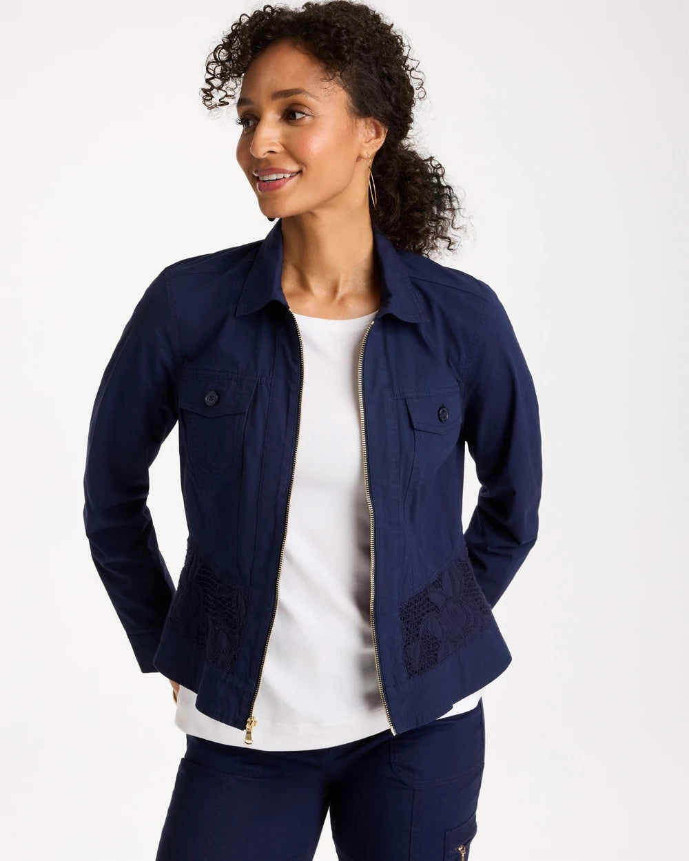 Passport Blue Poplin Cotton Lace Peplum Jacket