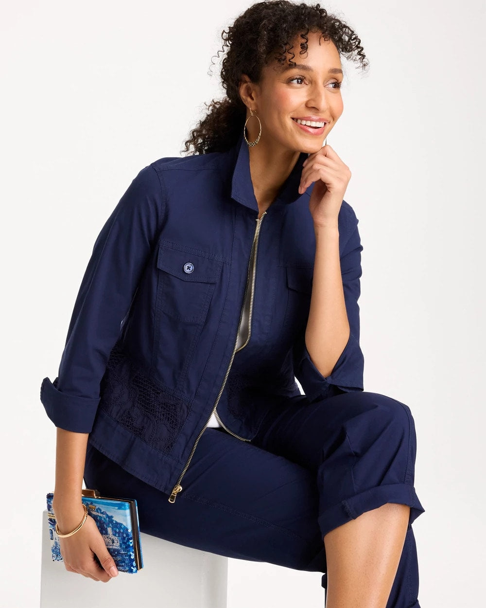 Passport Blue Poplin Cotton Lace Peplum Jacket