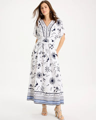 Passport Blue Slub Flutter-Sleeve Vacation Dress