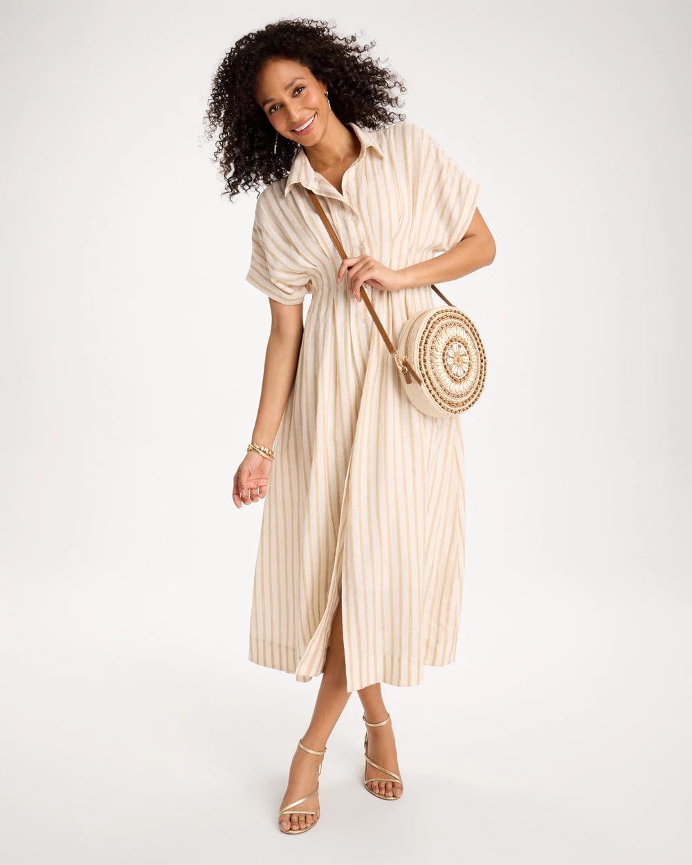 Alabaster Linen-Blend Metallic Striped Dress