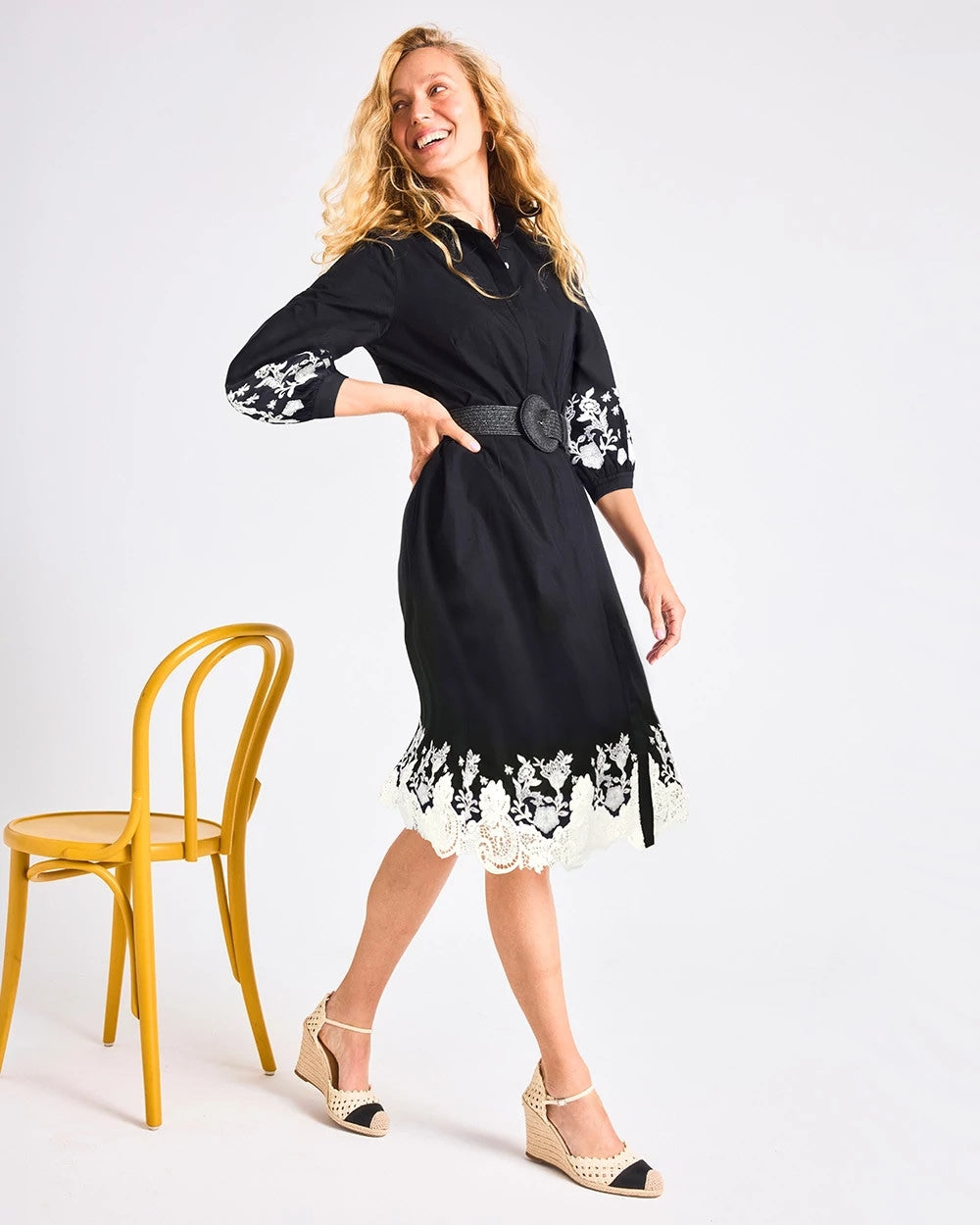 Black Cotton Lace Trim Shirtdress