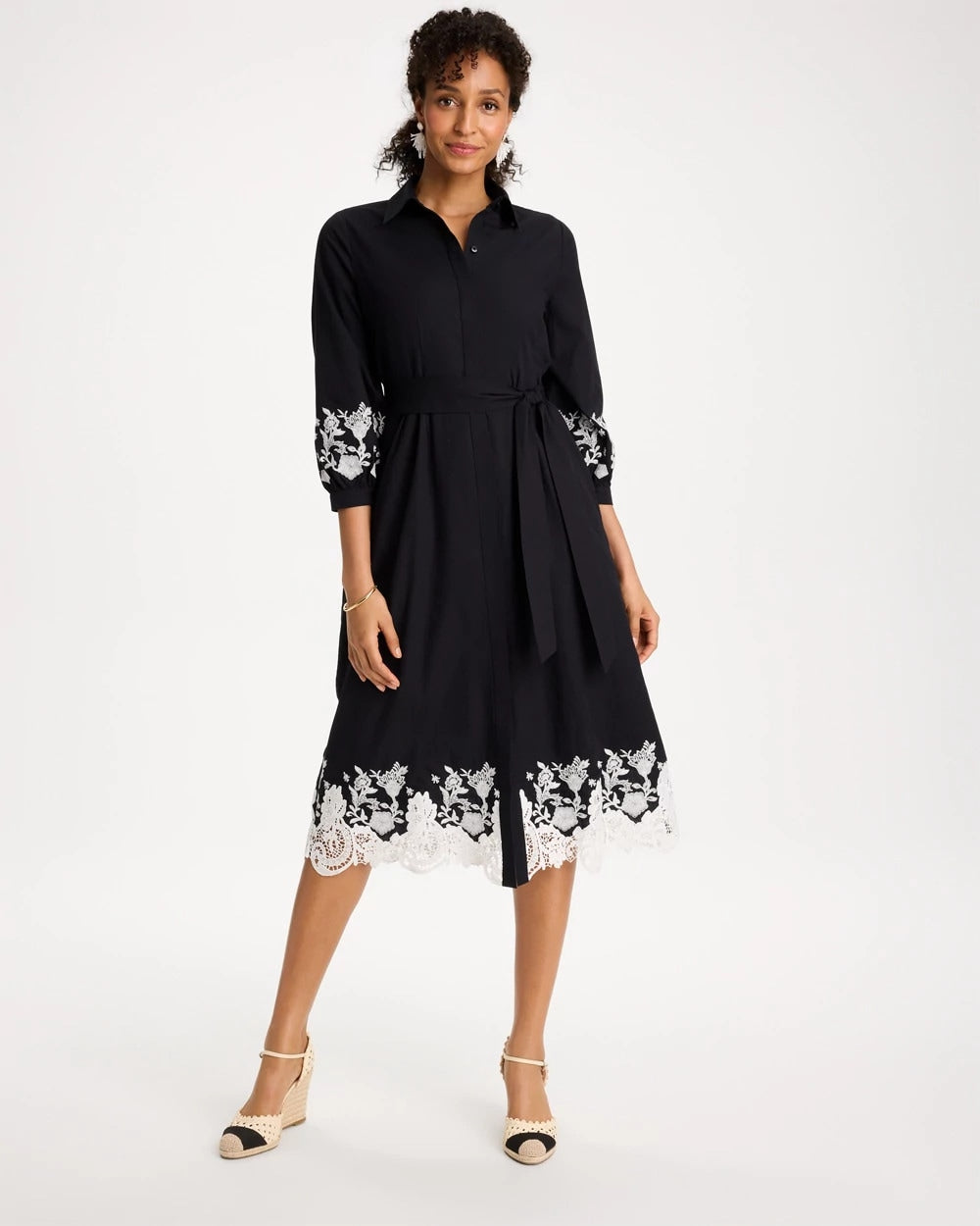 Black Cotton Lace Trim Shirtdress