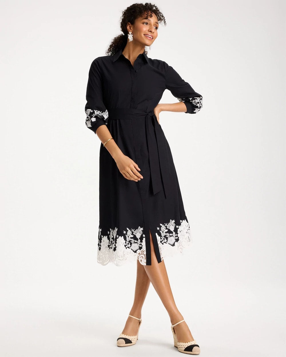 Black Cotton Lace Trim Shirtdress