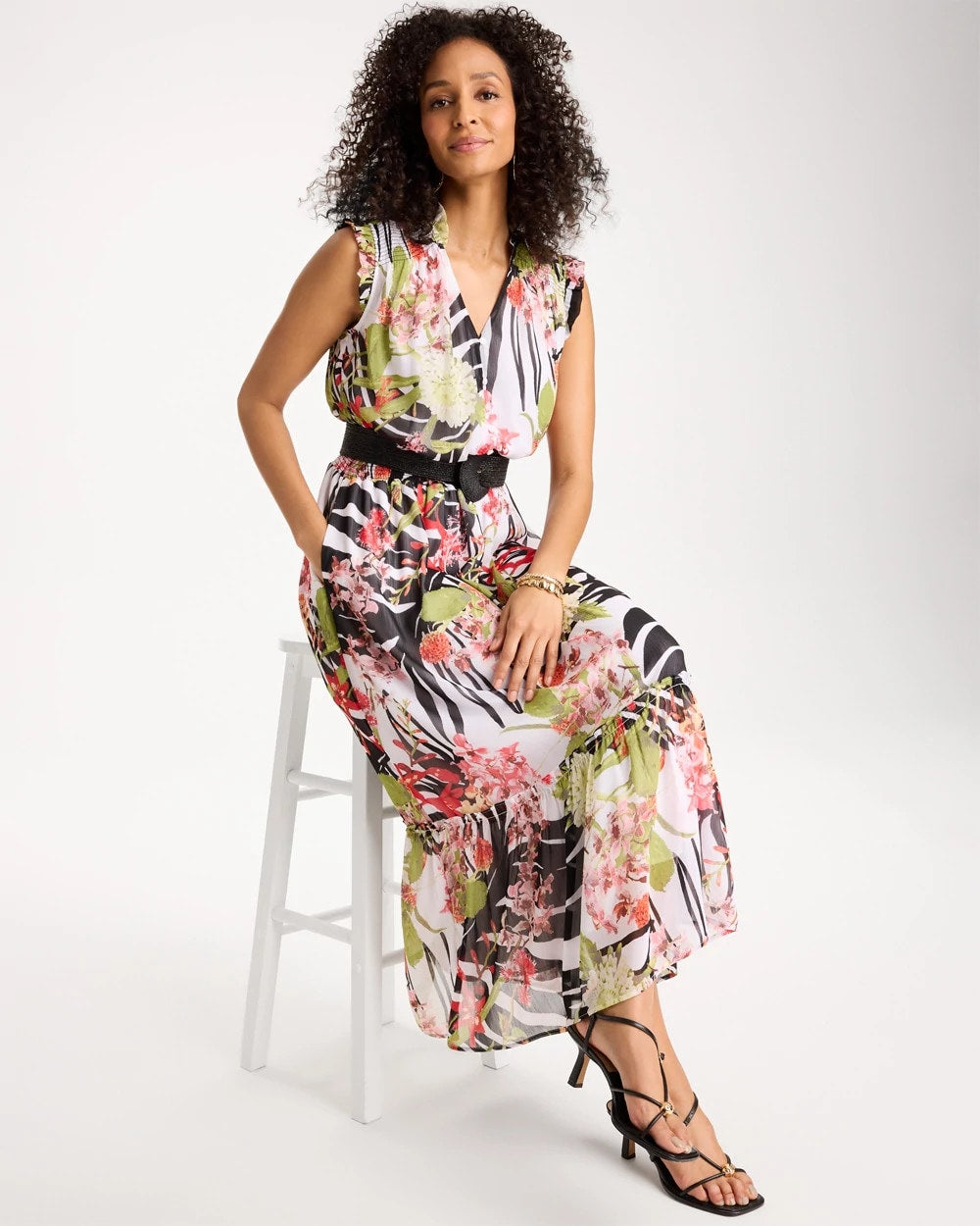 Black Crinkle Chiffon Animal Print Dress