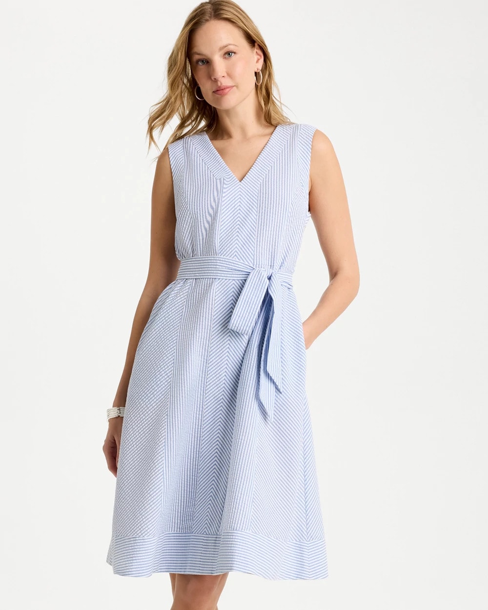 Light Blue Seersucker V-Neck Sleeveless Dress