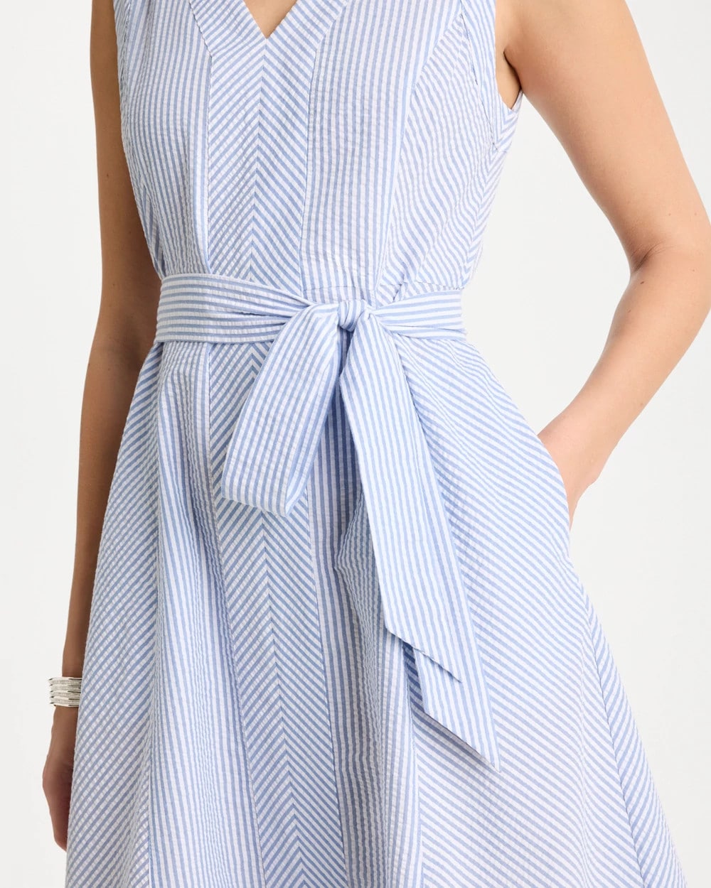 Light Blue Seersucker V-Neck Sleeveless Dress