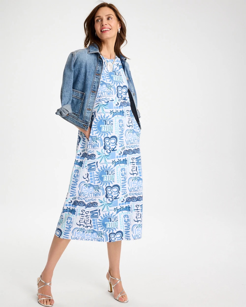 Passport Blue Soft-Stretch Sleeveless Tropical Dress