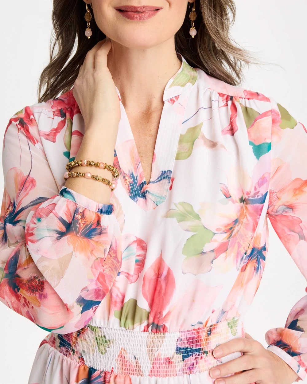 Calypso Coral Georgette Trapunto Pullover Dress