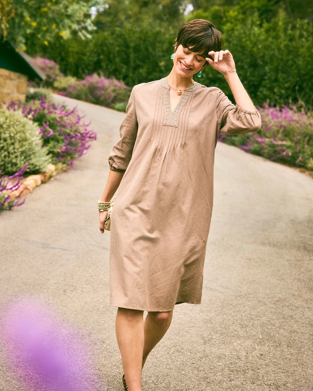 Topaz Smoke Linen-Cotton Pintuck Dress