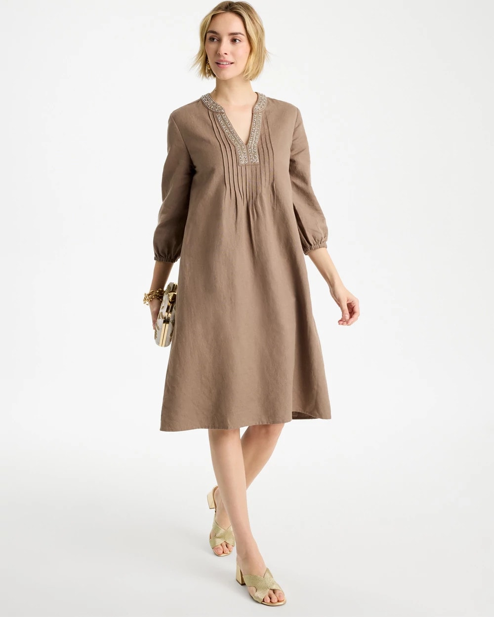 Topaz Smoke Linen-Cotton Pintuck Dress