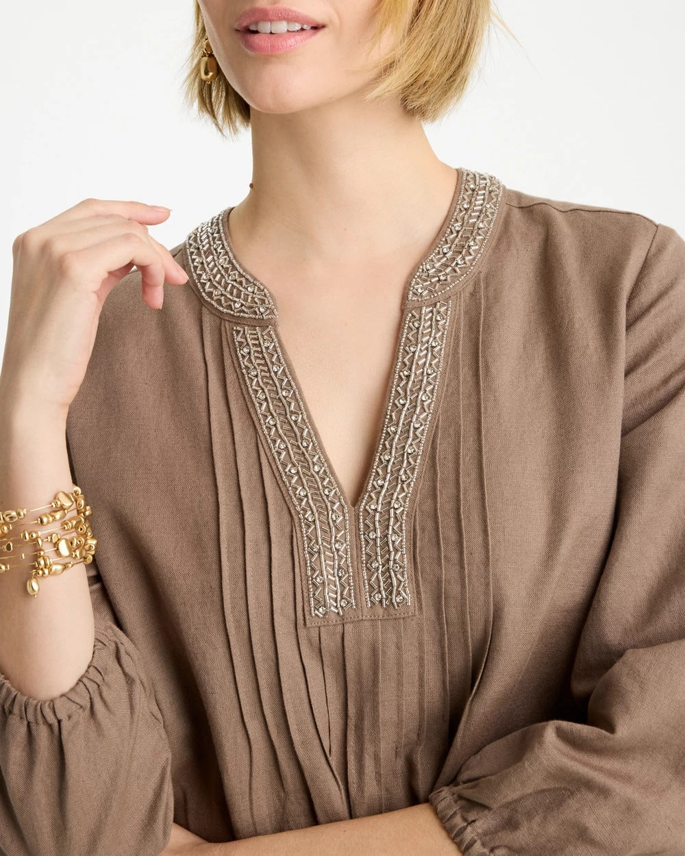 Topaz Smoke Linen-Cotton Pintuck Dress